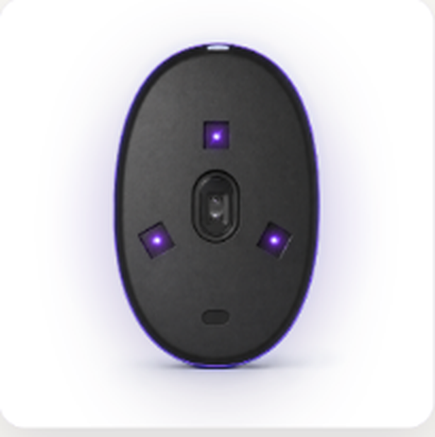 Bottom view of the LumoGlide device showing three UV-C LED windows and motion sensor opening