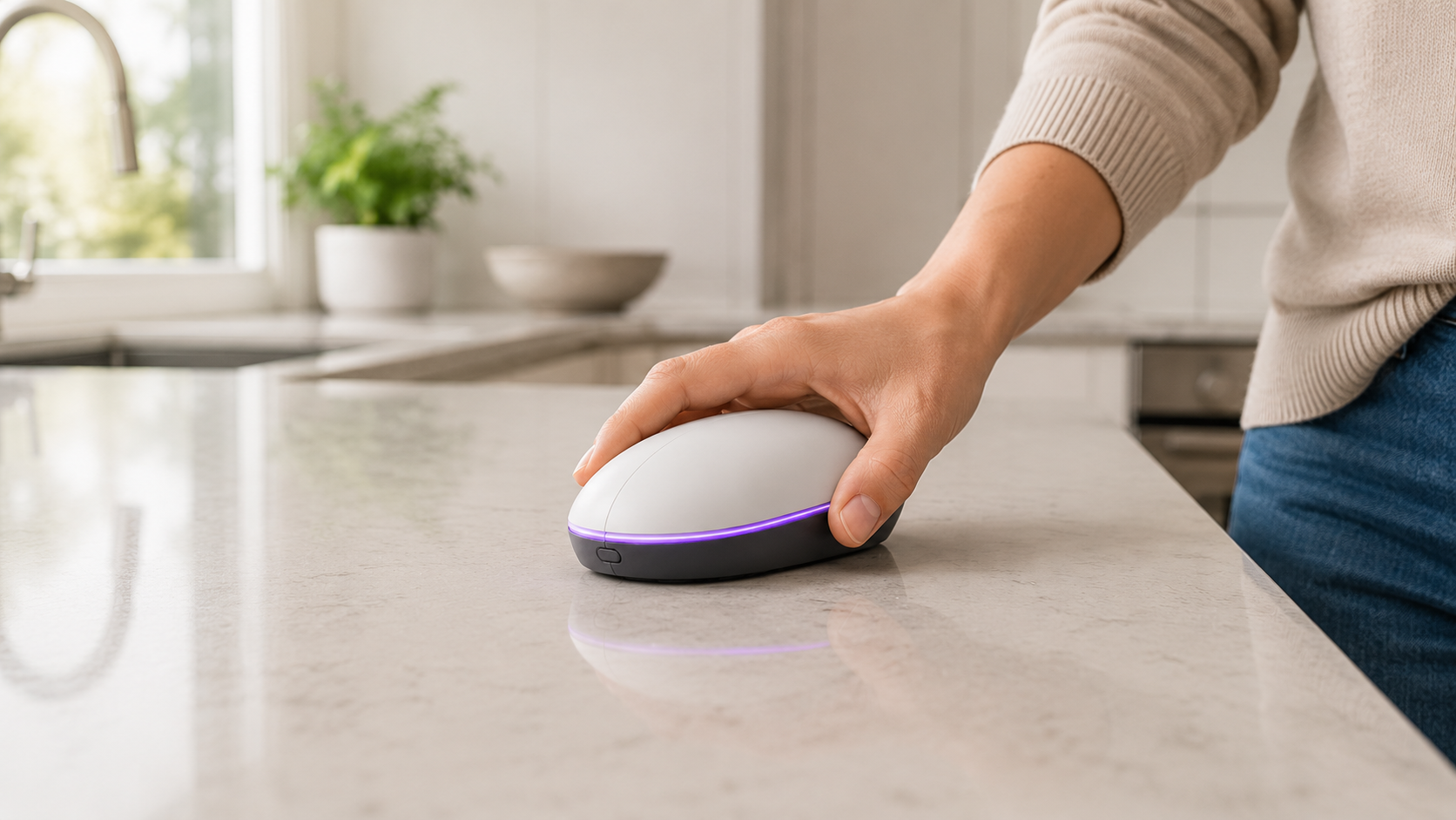 Hand moving a LumoGlide handheld UV-C device on a countertop