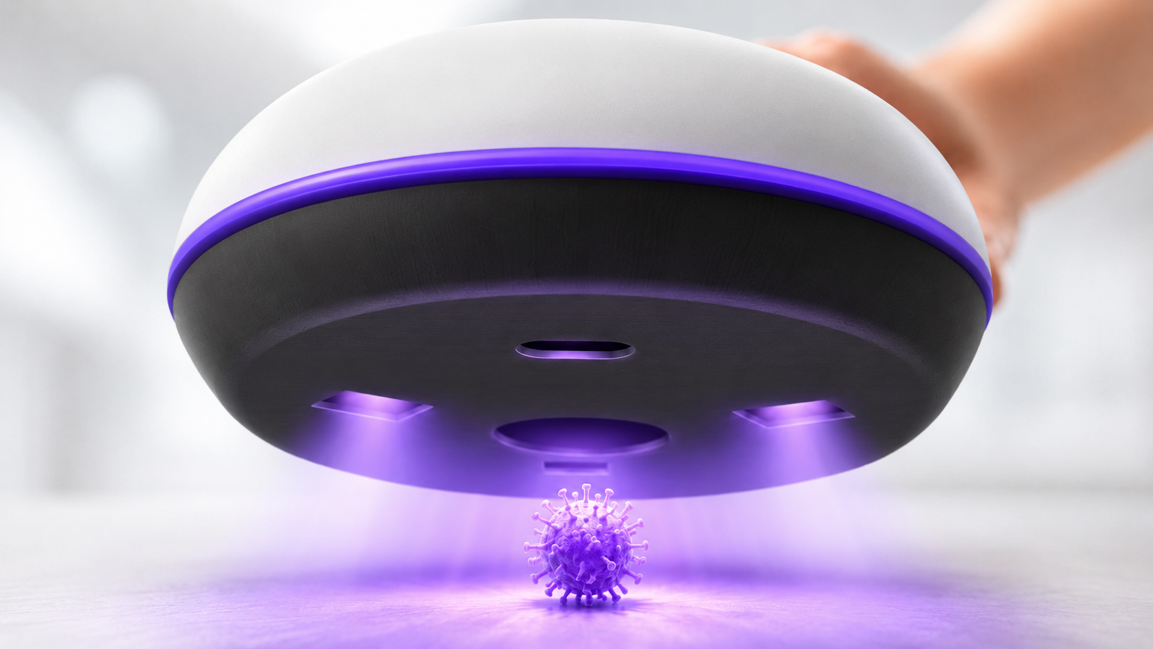 Close-up of UV-C light focused under the LumoGlide device